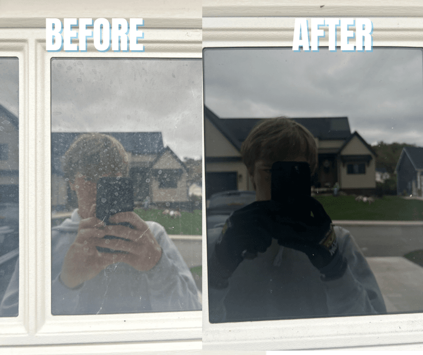 Comparison of a dirty window (left) and a clean window (right) showing improved visibility.