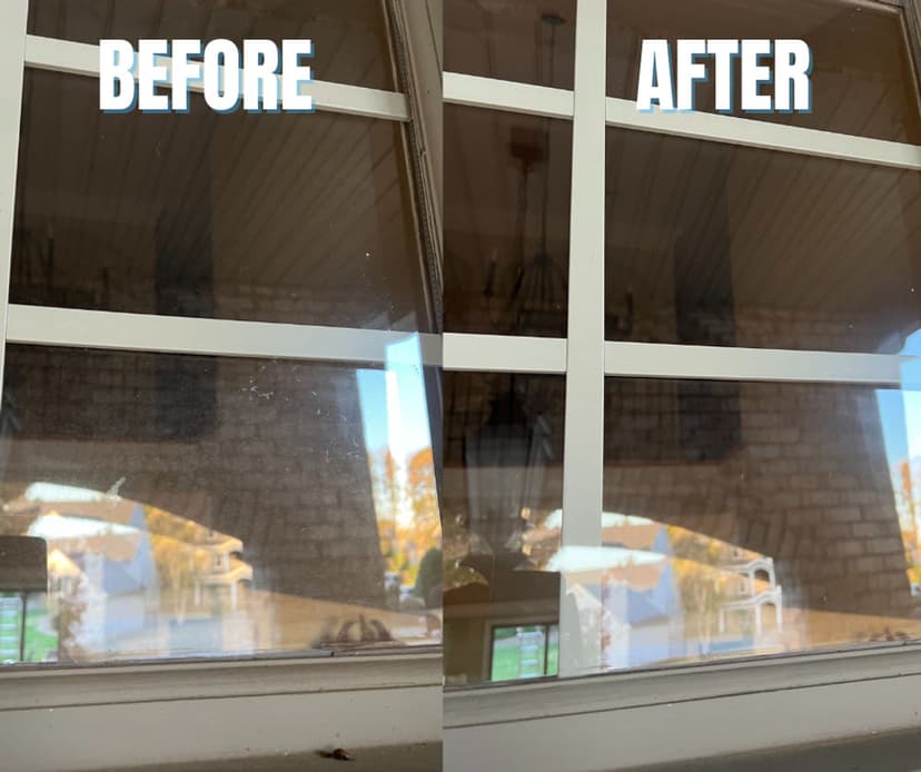 Before and after window cleaning comparison showing clear glass and bright surroundings.