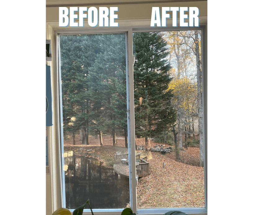 Comparison of window view showing landscaping improvements, with trees and pond in background.