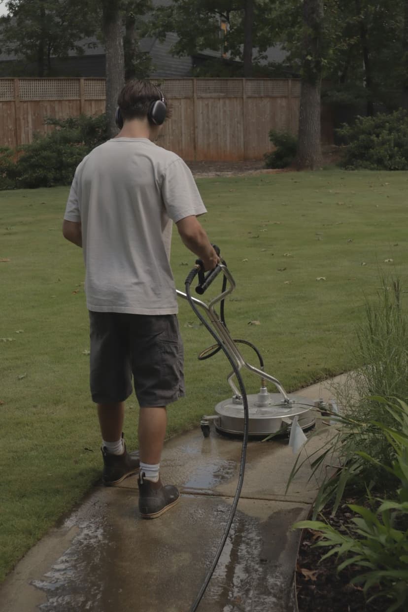 Person using a pressure washer on a sidewalk in a green backyard with trees.